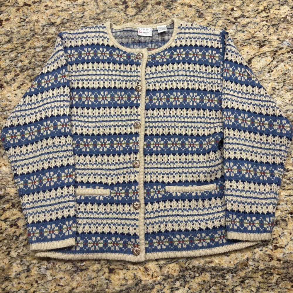 Hastings & Smith Petites Fair Isle Cardigan Sweater Blue Nordic Small P